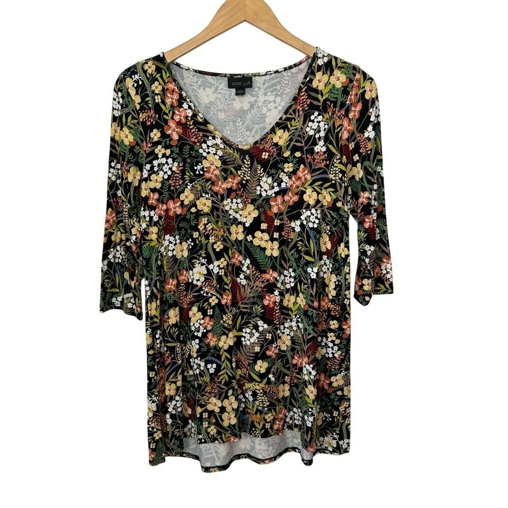 J Jill Wearever Tunic Women XS V-Neck Dark Floral Pullover Stretch Multicolor